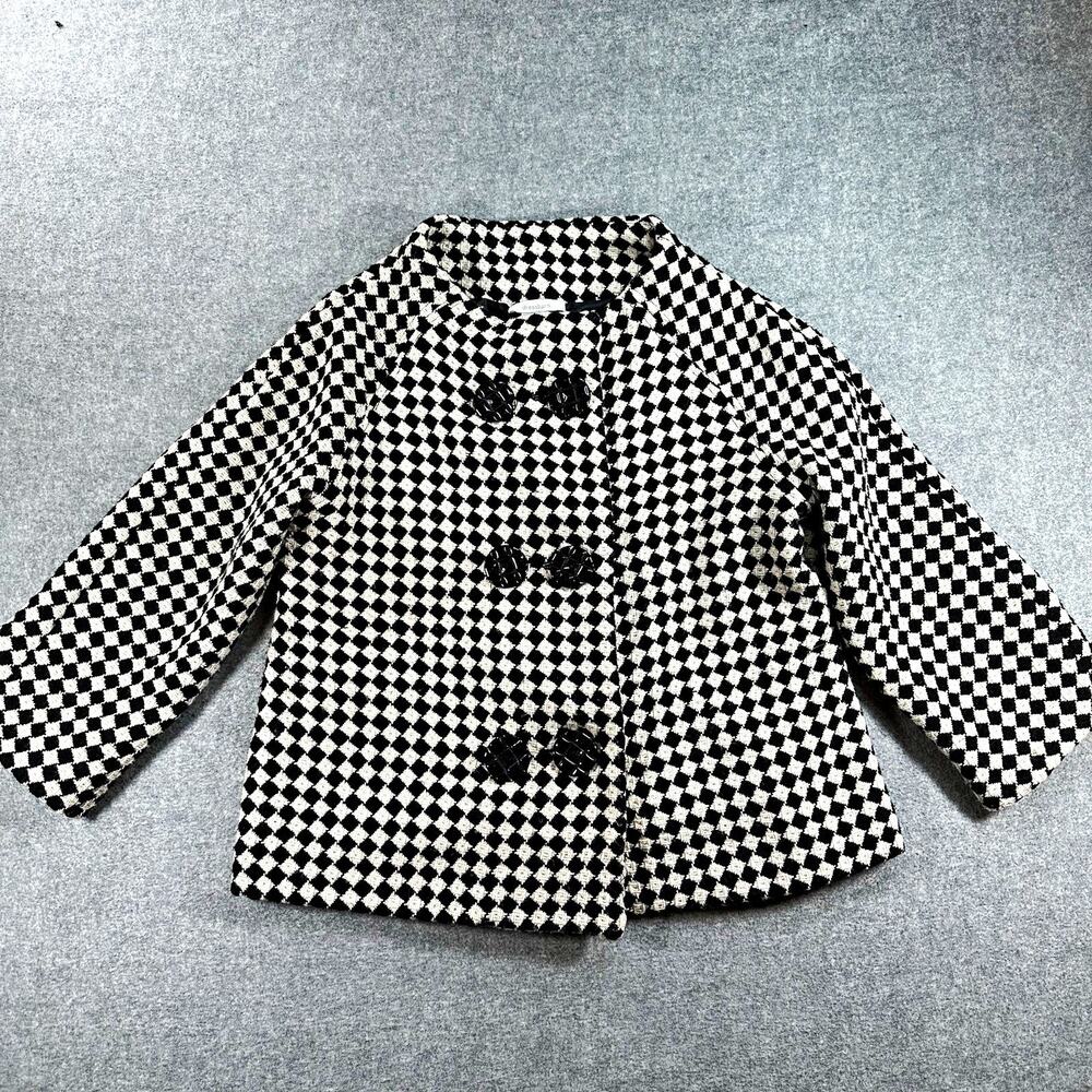 Dressbarn Wool Blend Jacket M Black Ivory Check 3/4 Sleeve Mod Statement Coat